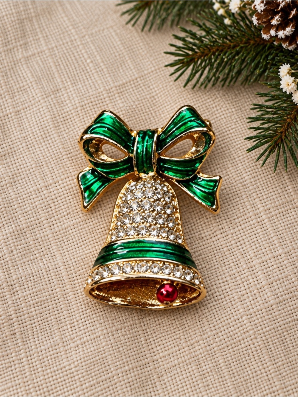 Vintage Gold Tone Christmas Bell & Green Enamel Bow Brooch